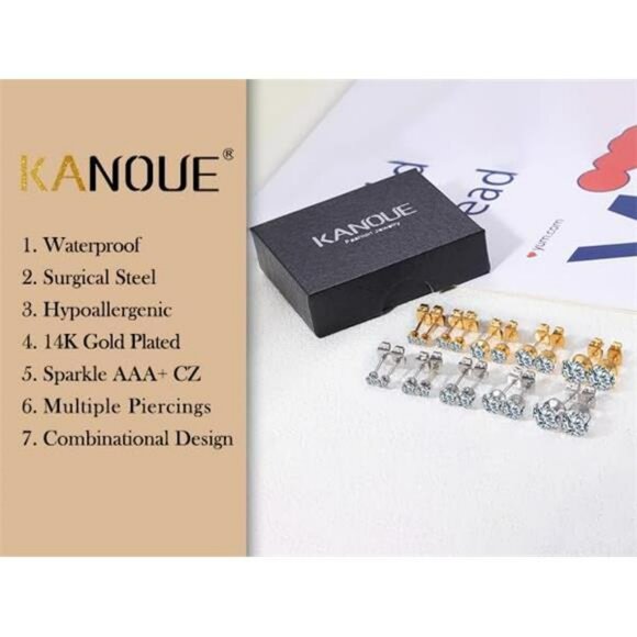 Stud earrings set gold silver hypoallergenic zirconia waterproof 10 pairs - Picture 2 of 7